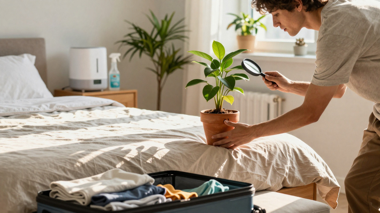 Homem examina planta em vaso com lupa em quarto iluminado, com mala aberta ao lado da cama.