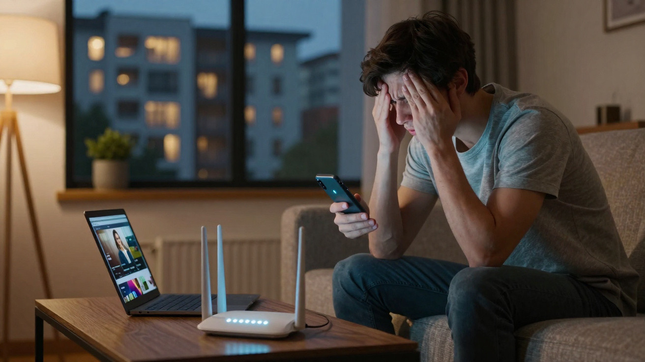 Jovem preocupado sentado no sofá, olhando para o celular, com laptop e roteador na mesa à frente.