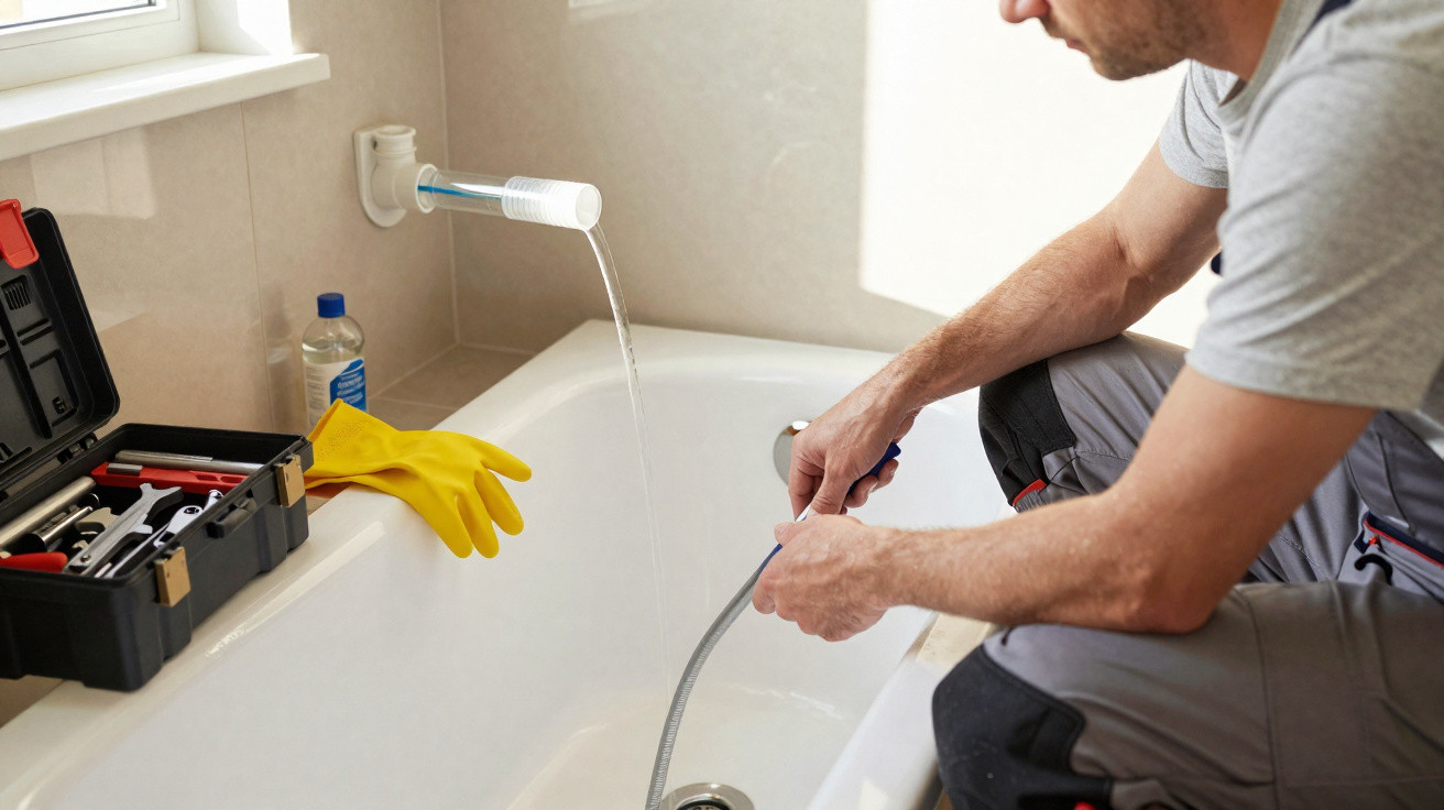 Homem utilizando ferramenta para desentupir ralo de banheira com caixa de ferramentas e luvas ao lado.