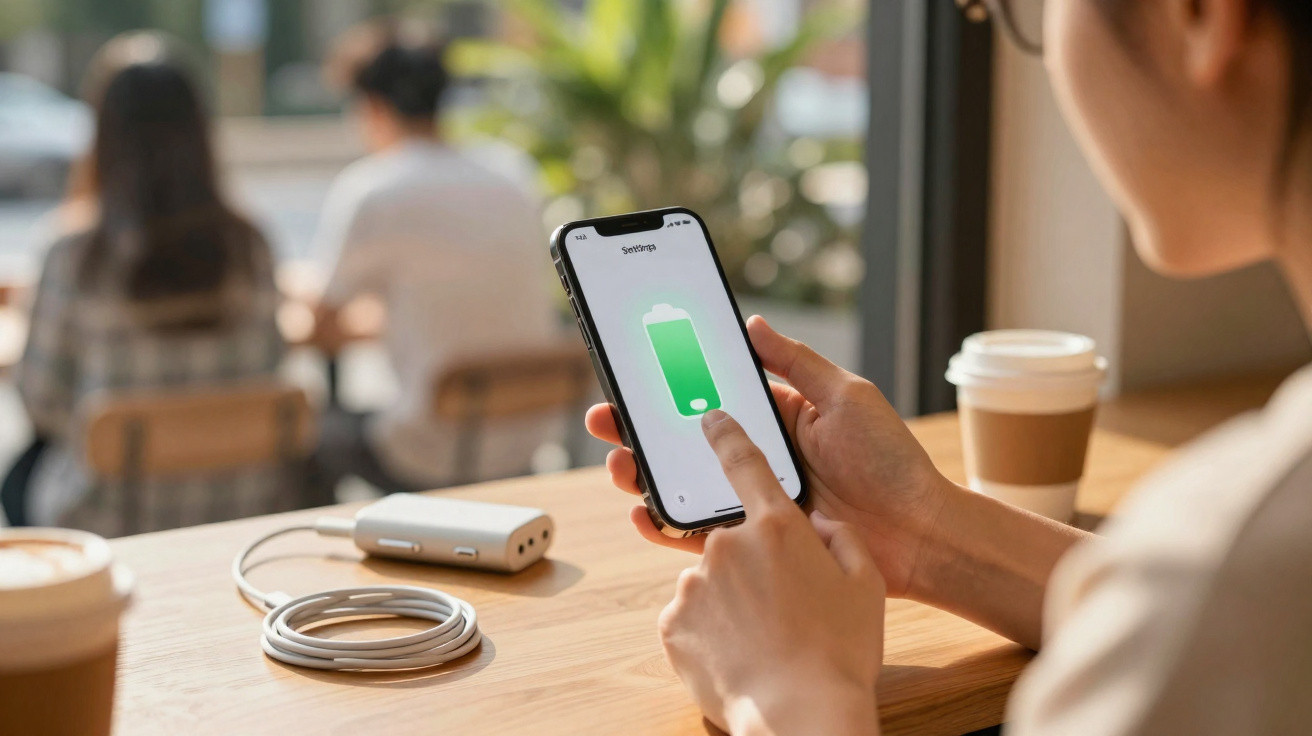 Pessoa segurando celular com indicador de bateria cheia em café com mesas e pessoas ao fundo.