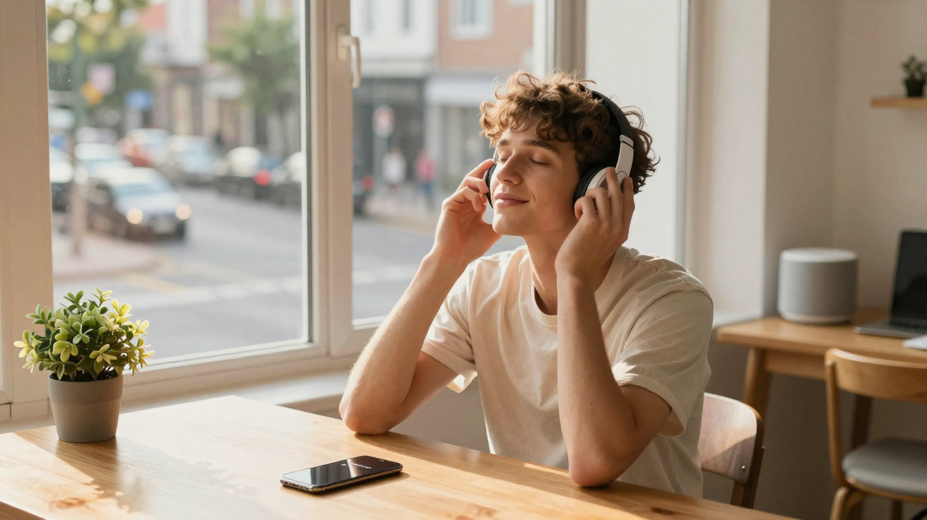 Jovem sentado à mesa escutando música com fones de ouvido, olhos fechados e expressão relaxada.