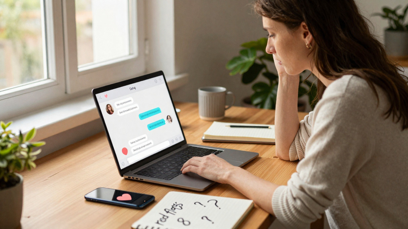Mulher usando laptop para conversar online, sentada à mesa próxima à janela com smartphone, caderno e caneca.