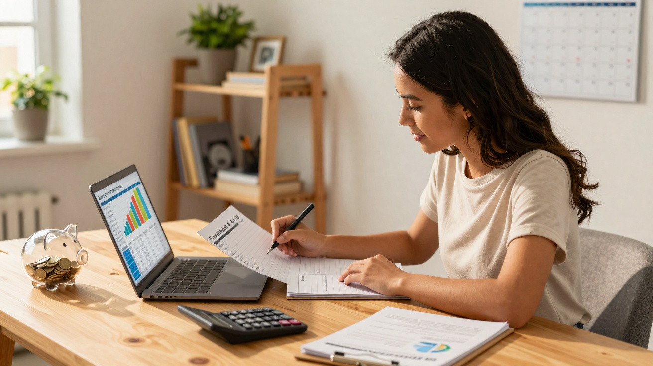 Mulher jovem analisando planilha financeira com laptop, calculadora e cofrinho em mesa de madeira.