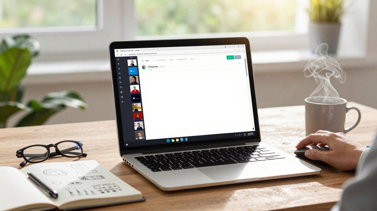 Pessoa usando laptop em mesa com caderno, óculos e xícara de café fumegante perto da janela.
