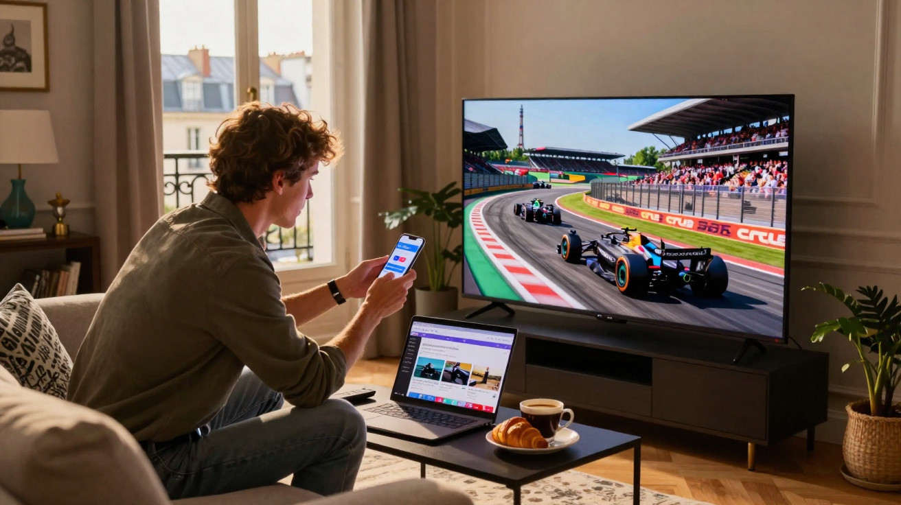 Jovem sentado no sofá assistindo corrida de Fórmula 1 na TV e usando celular com notebook aberto à frente.