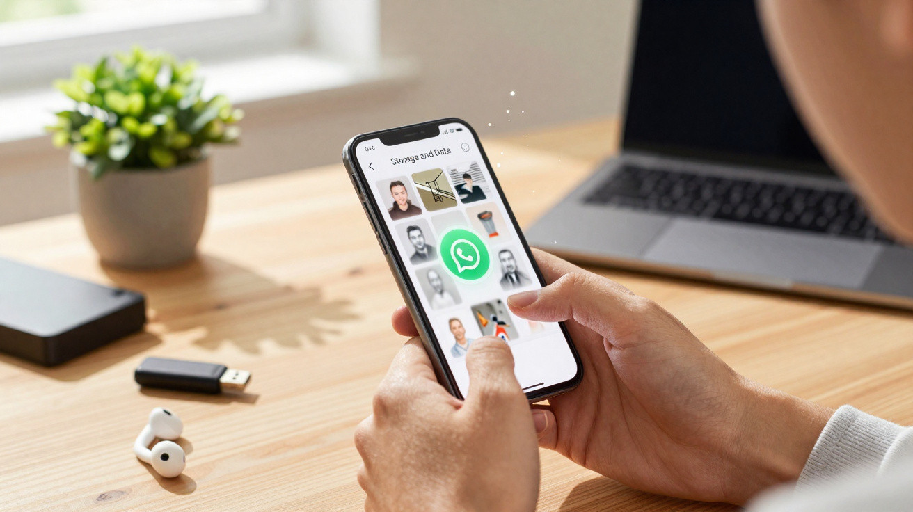 Pessoa mexendo em smartphone com ícone do WhatsApp aberto, ao lado de laptop e fones de ouvido numa mesa de madeira.