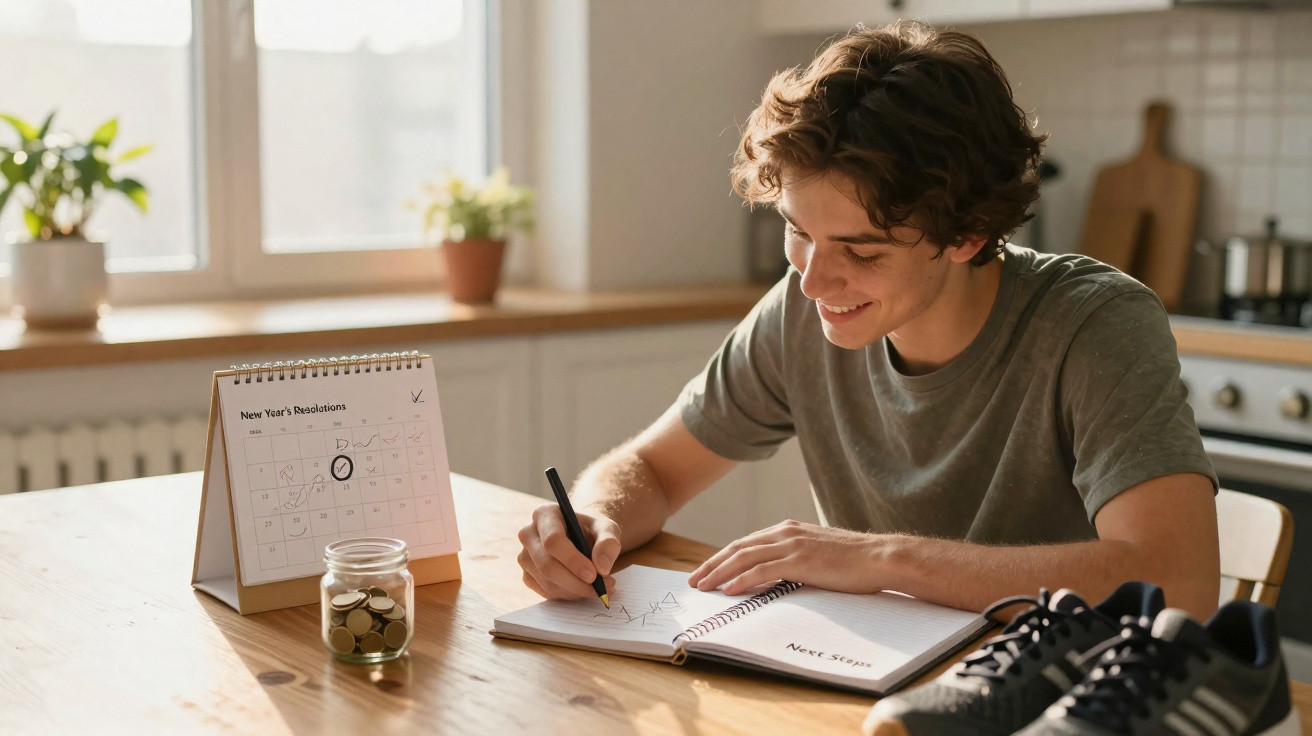 Jovem sentado à mesa escrevendo em caderno com calendário, pote de moedas e tênis ao lado, em cozinha iluminada.