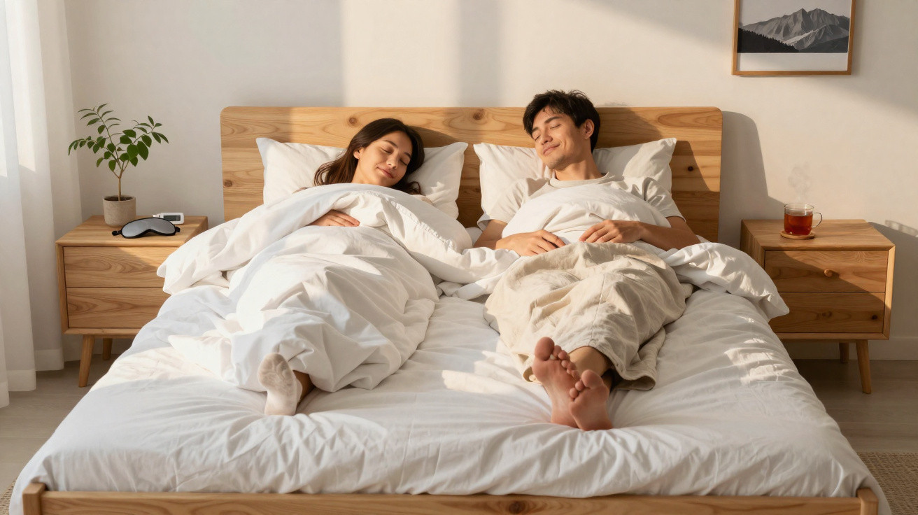 Casal sorrindo deitado na cama branca em quarto iluminado e aconchegante.