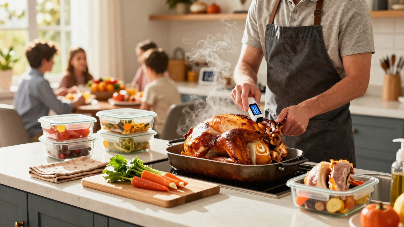 Pessoa medindo a temperatura de um frango assado enquanto família conversa ao fundo na cozinha.