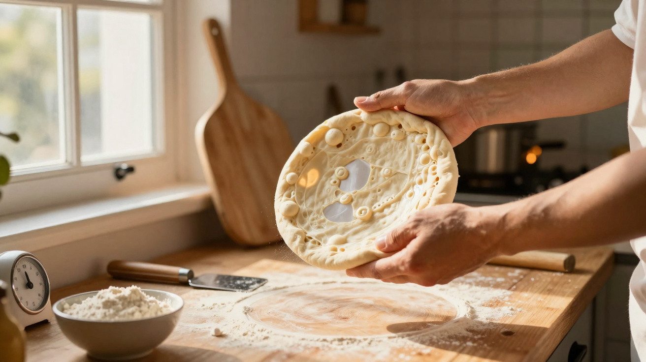 Pessoa segurando massa de pizza crua com bolhas sobre bancada de madeira em cozinha iluminada pela janela.
