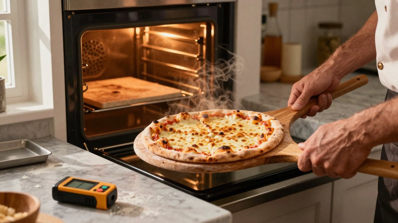 Pessoa tirando pizza de queijo quente e fumegante do forno de lenha na cozinha.