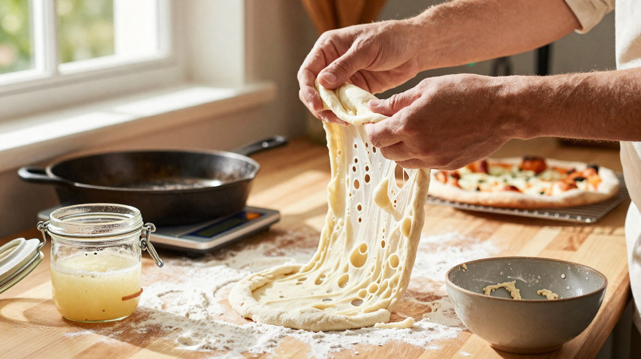 Mãos esticando massa furada para pizza sobre bancada de madeira com farinha e utensílios.