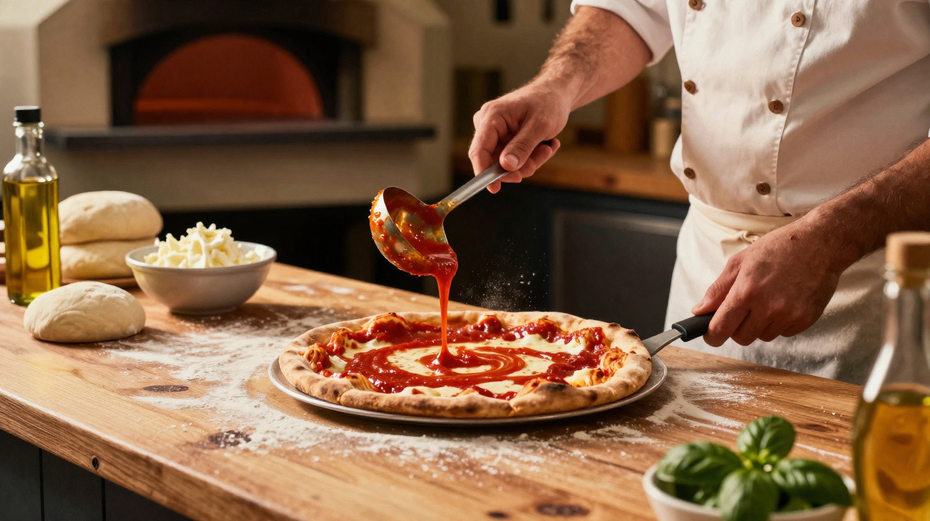 Chef espalhando molho de tomate em pizza crua sobre mesa de madeira com ingredientes ao redor.