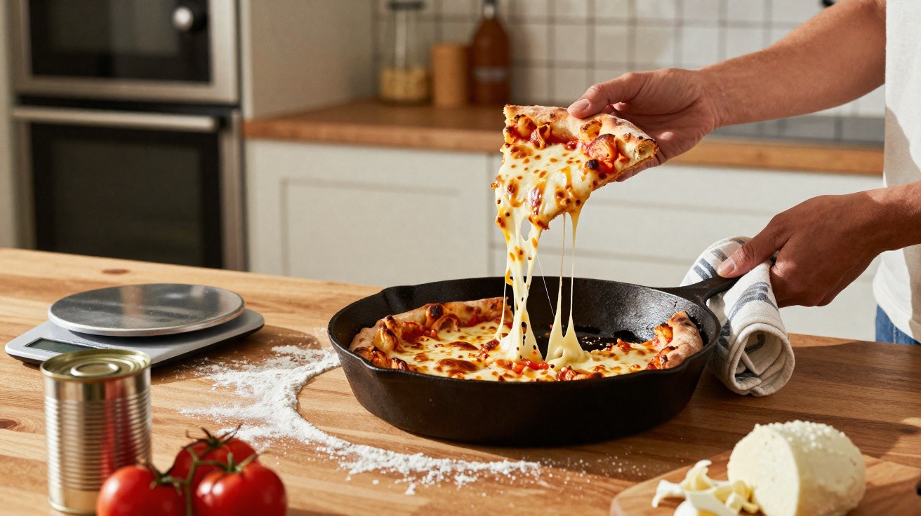 Mãos segurando fatia de pizza com queijo derretido em frigideira sobre bancada de madeira.