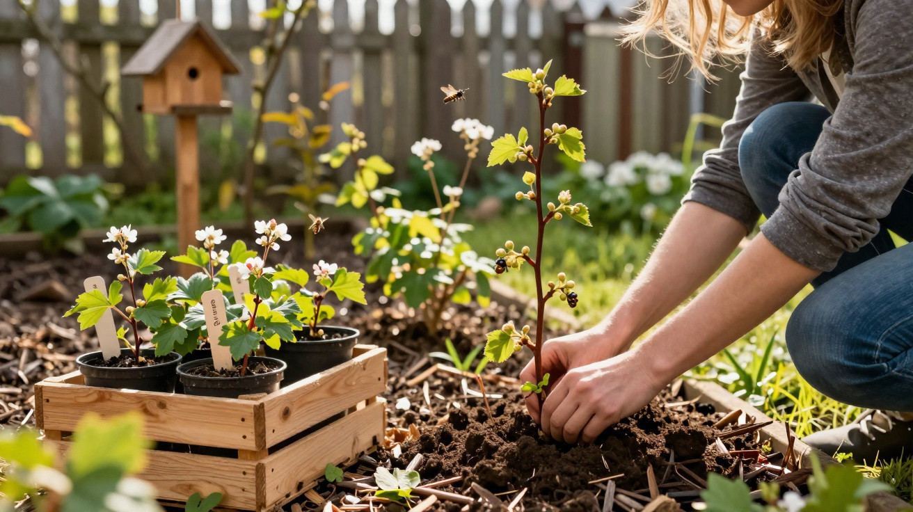 Pessoa plantando muda em jardim com vasos de plantas e abelhas ao redor em dia ensolarado.