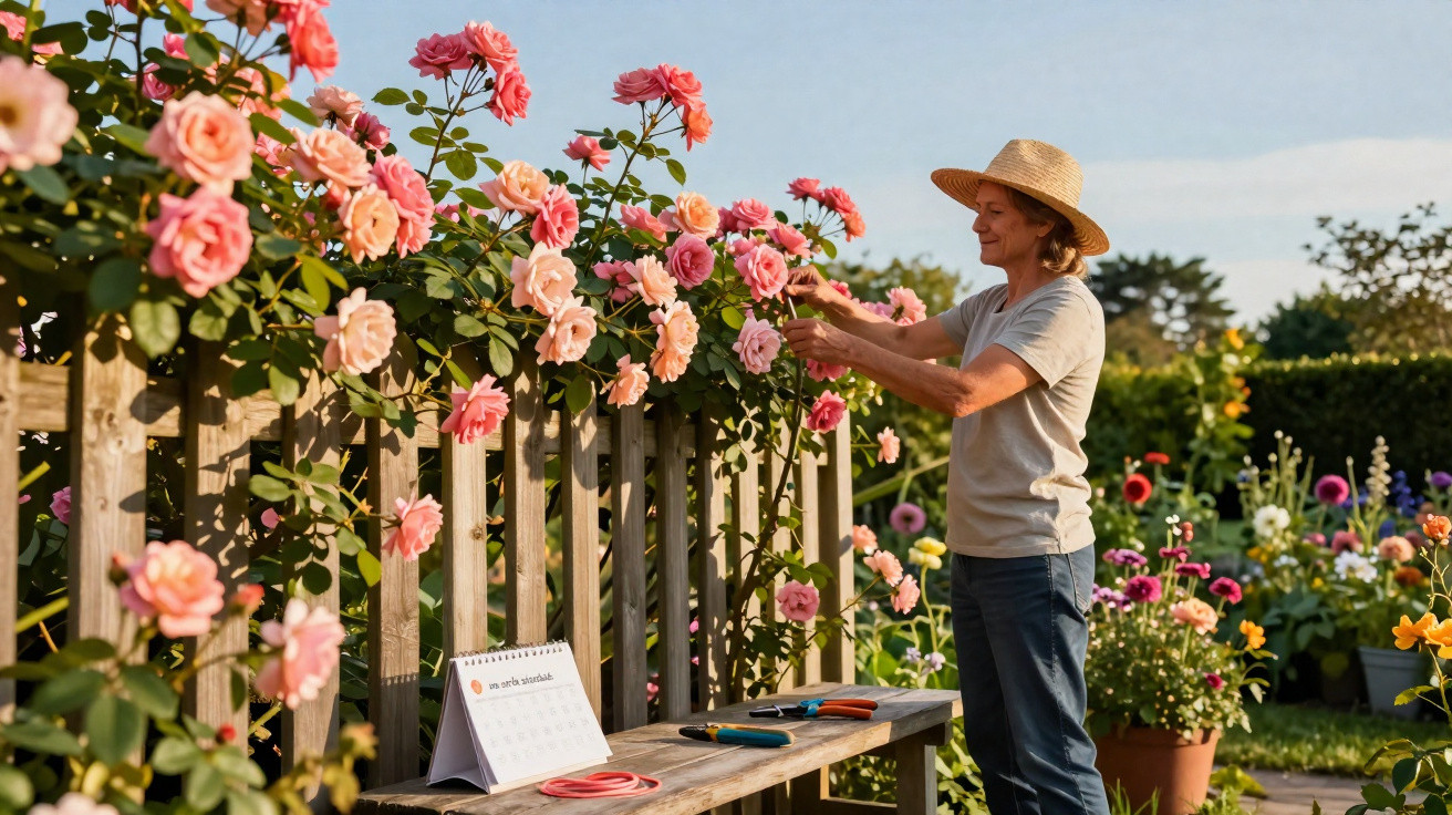 Mulher com chapéu cuidando de rosas cor de rosa em cerca de jardim ao ar livre.