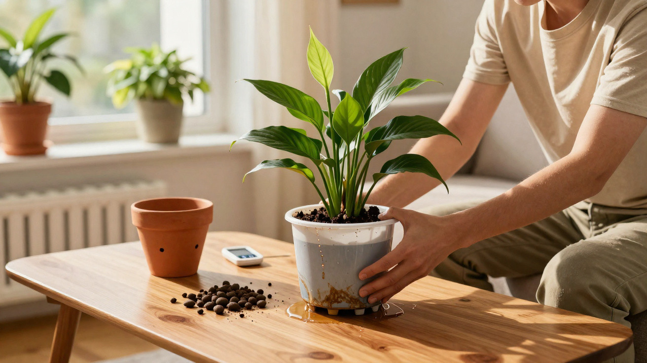 Pessoa transplantando planta verde em vaso de cerâmica sobre mesa de madeira em ambiente iluminado.