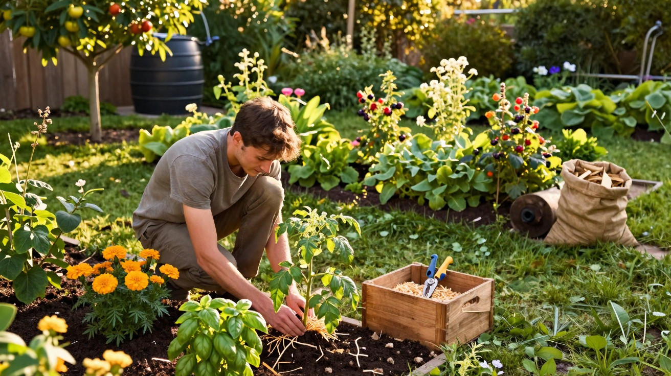 Jovem cuidando do jardim, plantando mudas entre flores e vegetação em área ensolarada.