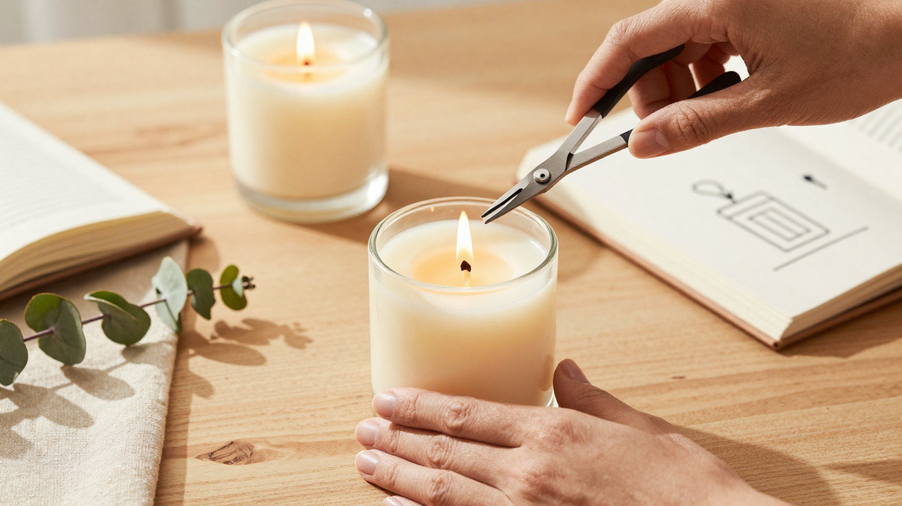 Mãos usando pinça para apagar pavio de vela acesa sobre mesa com livro, vela apagada e ramo verde.
