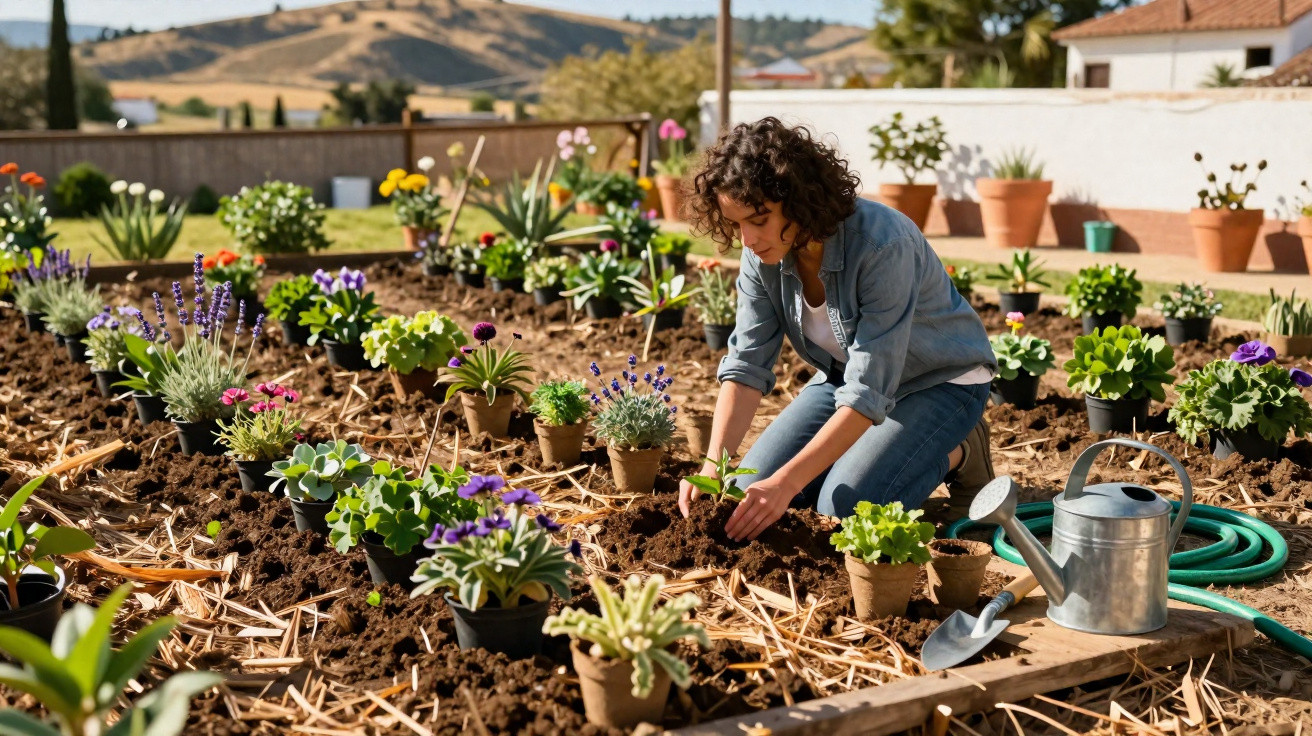 Jovem mulher jardineira plantando mudas em canteiro com várias plantas e regador ao lado.