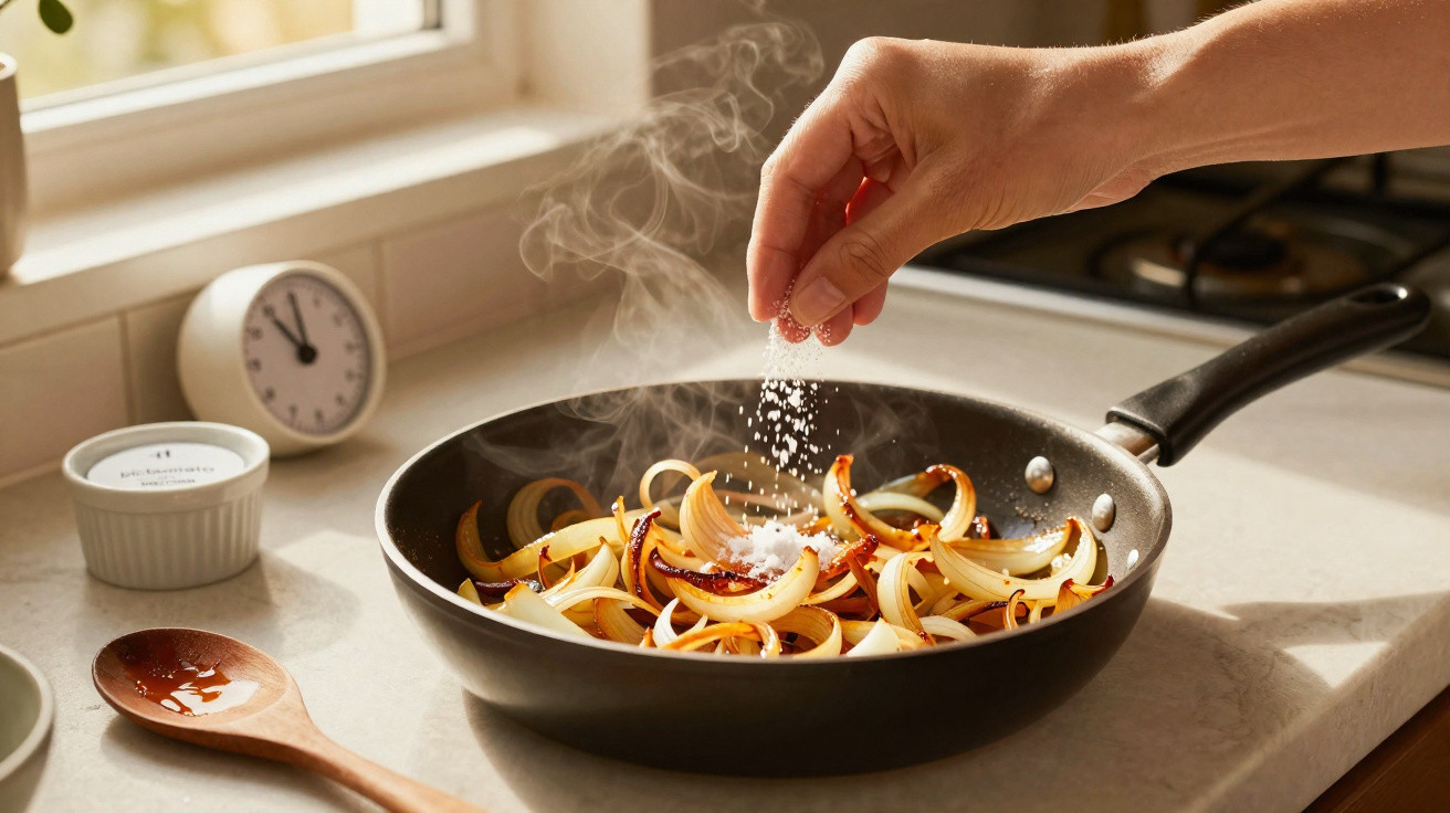 Mão salpicando sal em cebolas douradas em frigideira com fumaça na bancada da cozinha.