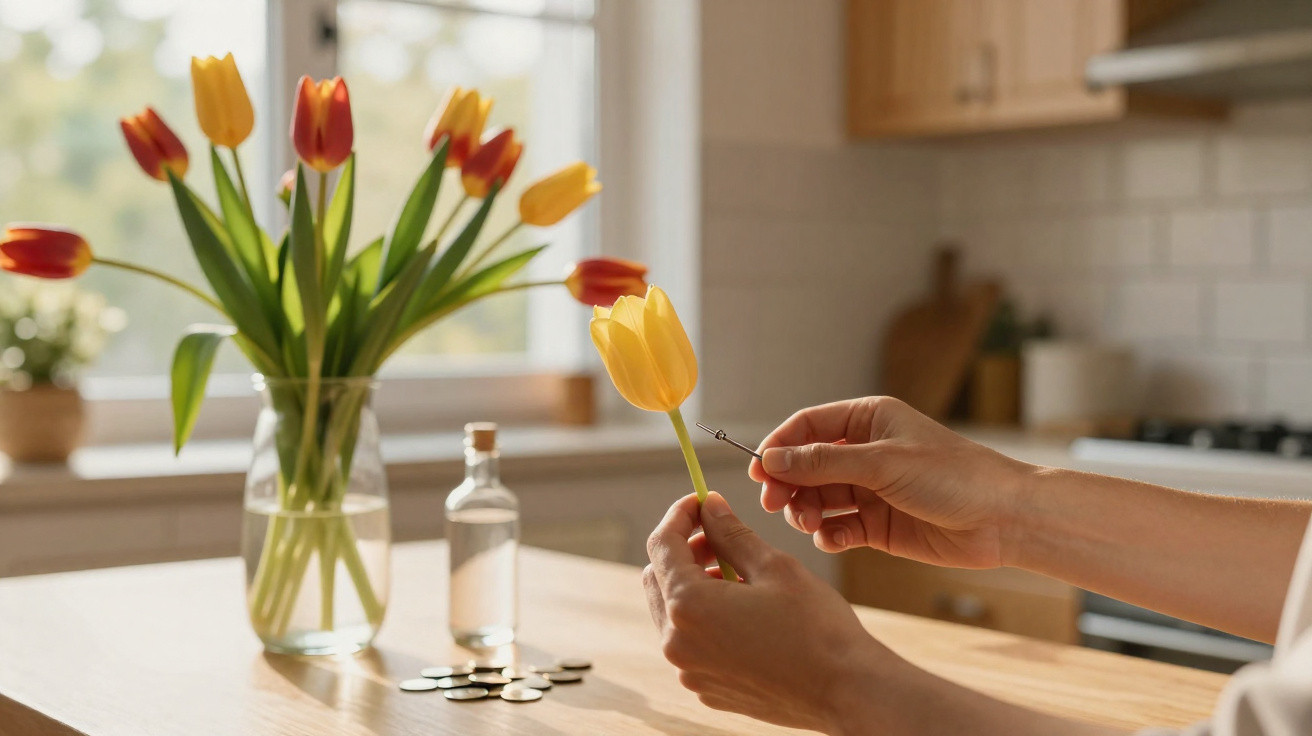 Mãos segurando tulipa amarela e retirando pétalas em cozinha com vaso de tulipas ao fundo.
