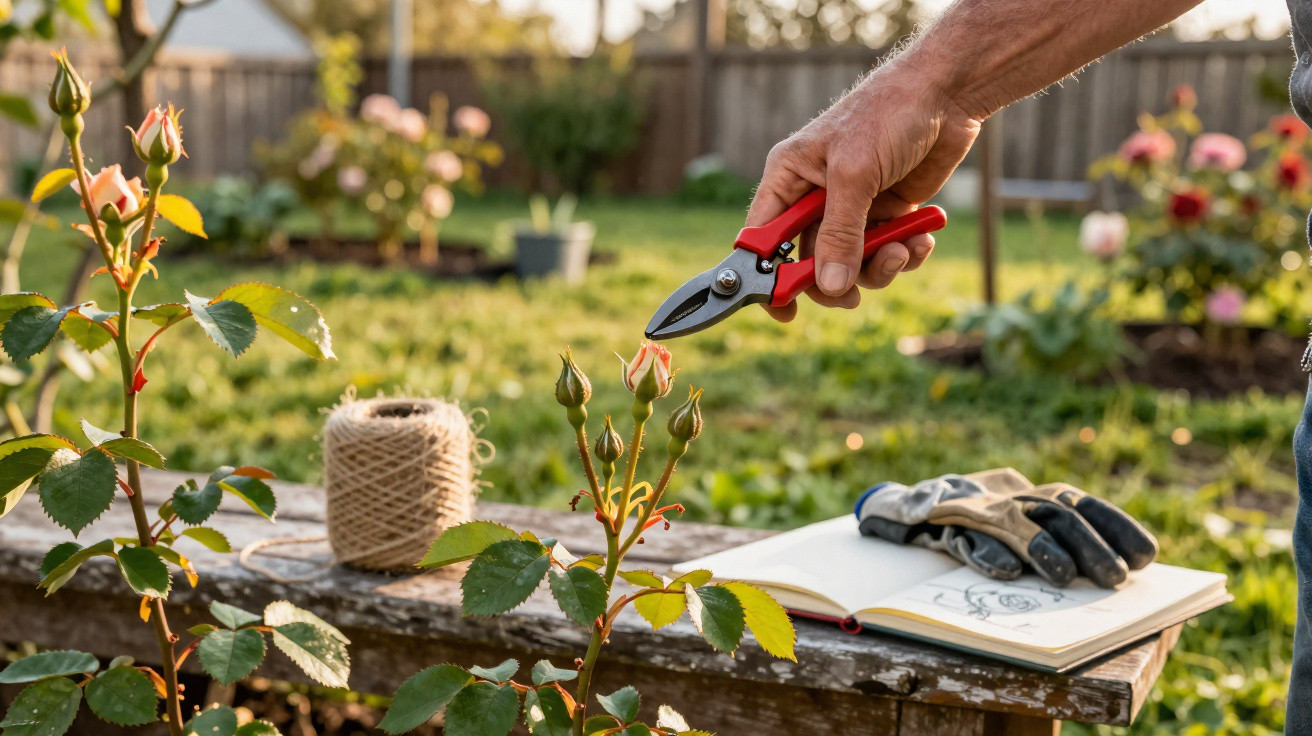 Pessoa podando botões de rosa com tesoura de jardinagem em jardim ensolarado.