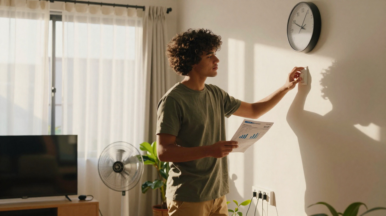 Jovem ajustando termostato na parede enquanto segura conta de luz em sala iluminada pelo sol.