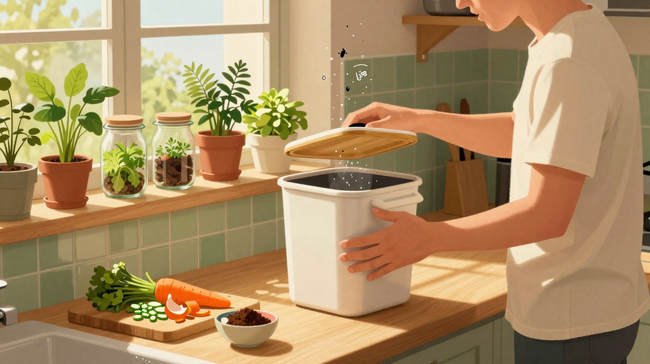 Pessoa abrindo caixa na cozinha com legumes e plantas em vasos na janela ao fundo.