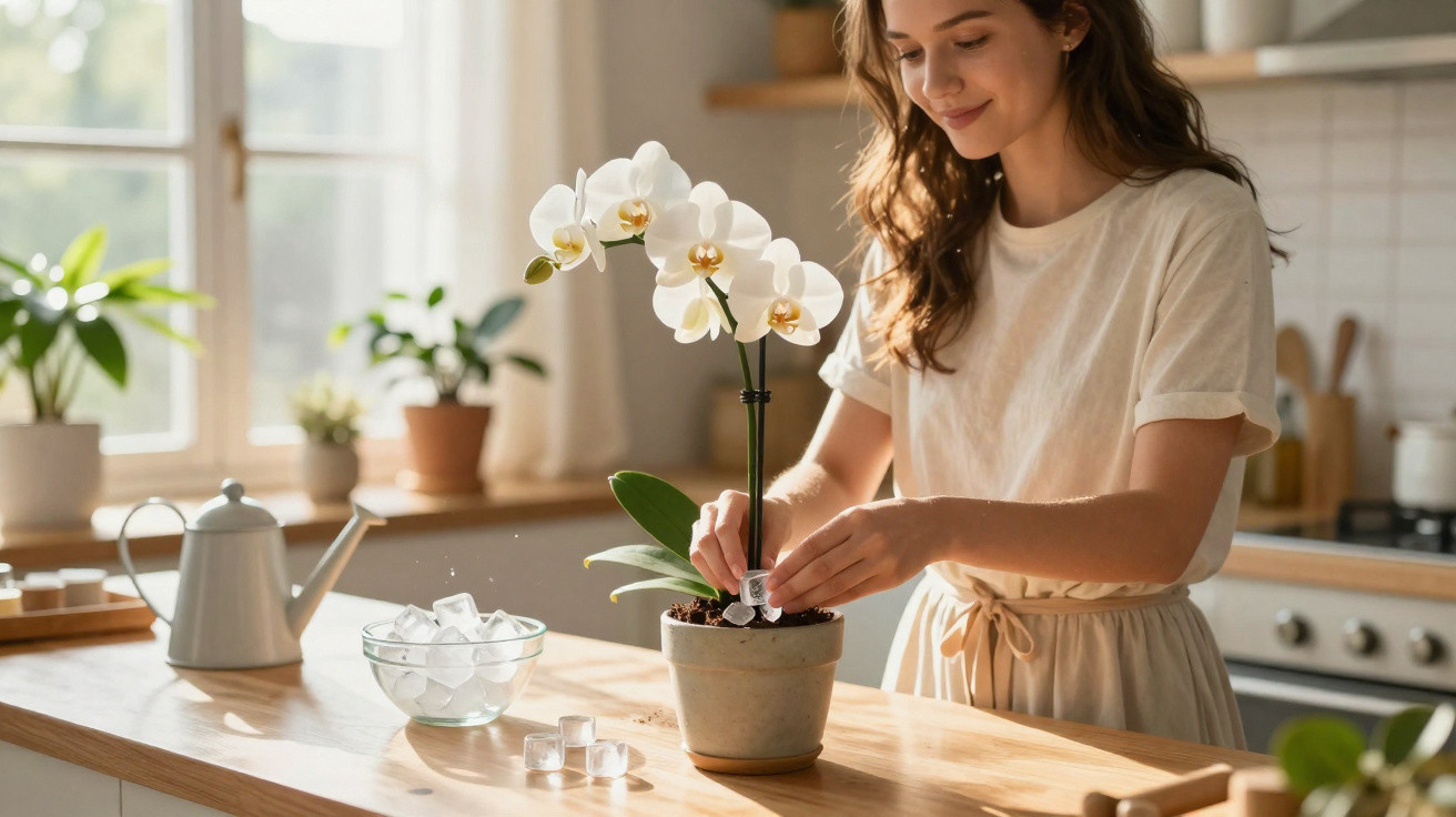 Mulher colocando cubos de gelo na terra de orquídea branca em vaso na cozinha iluminada pela manhã.