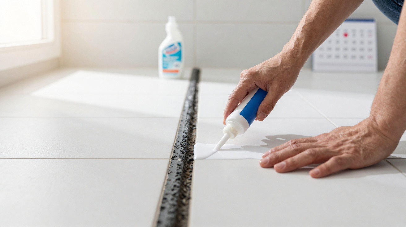 Pessoa aplicando produto para limpeza e vedação entre azulejos brancos em chão de banheiro.