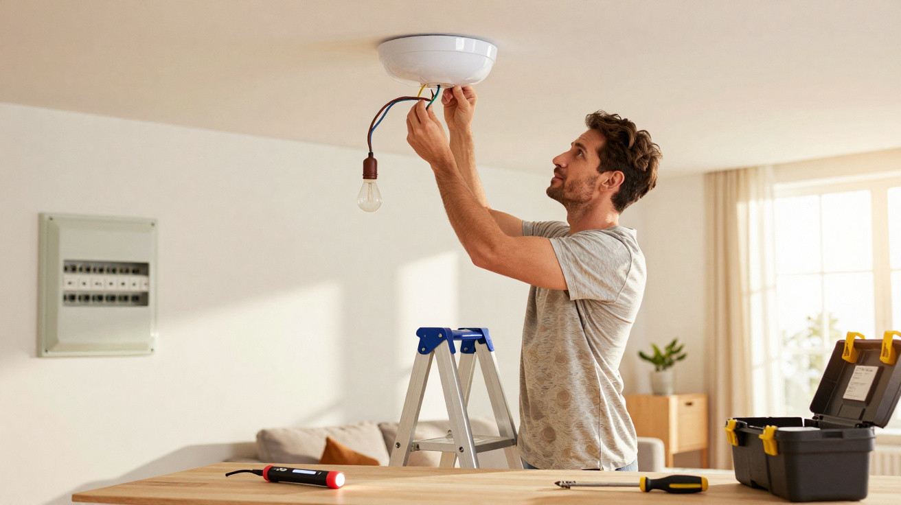 Homem instalando luminária no teto em sala de estar clara, usando escada e ferramentas sobre mesa.
