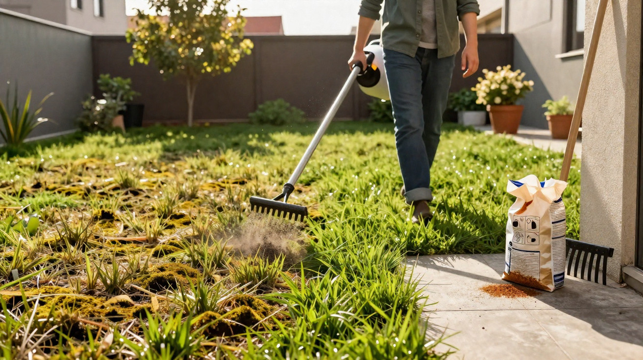 Pessoa usando rastelo para cuidar do jardim, com saco de fertilizante e plantas ao redor em área externa.