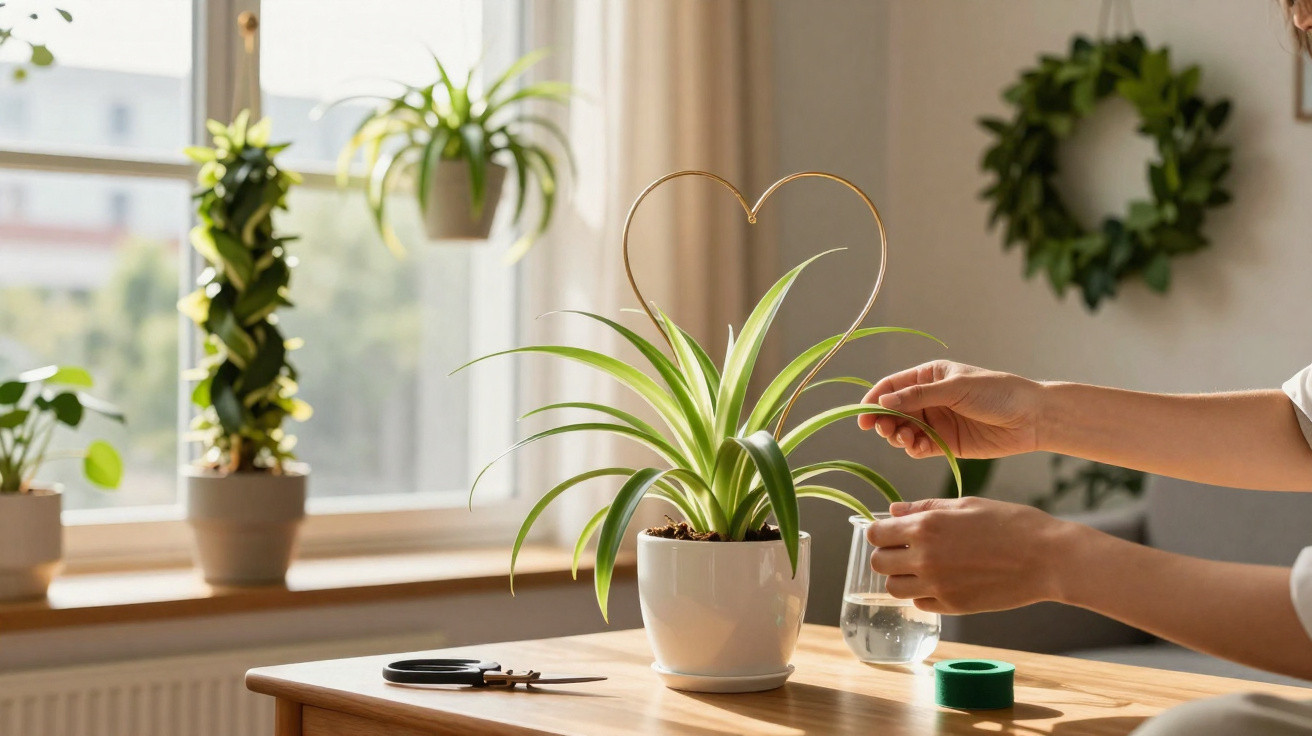 Mãos cuidando de planta verde em vaso branco com suporte de coração em mesa de madeira iluminada por janela.
