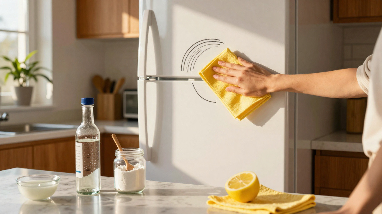 Pessoa limpando a porta de geladeira branca com pano amarelo em cozinha moderna.