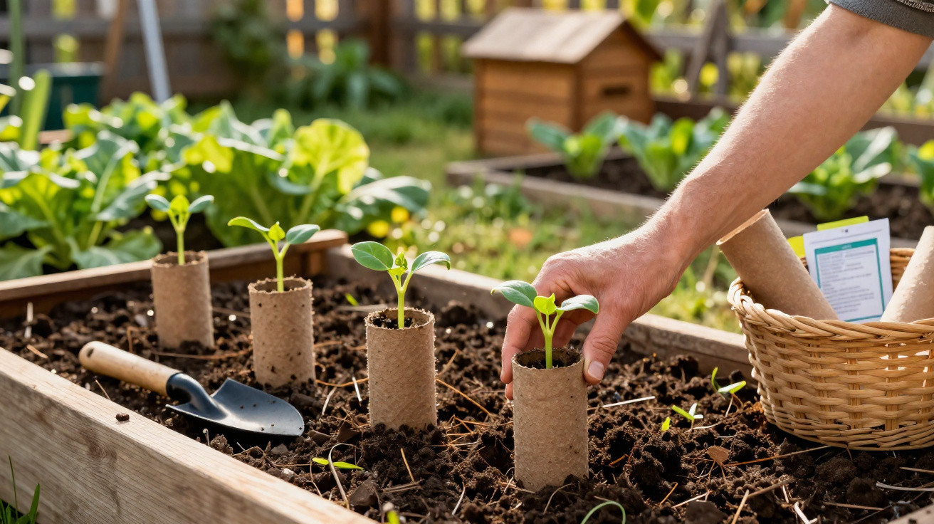 Pessoa plantando mudas em canteiro com terra, usando recipiente de papel reciclado e pá de jardinagem ao lado.