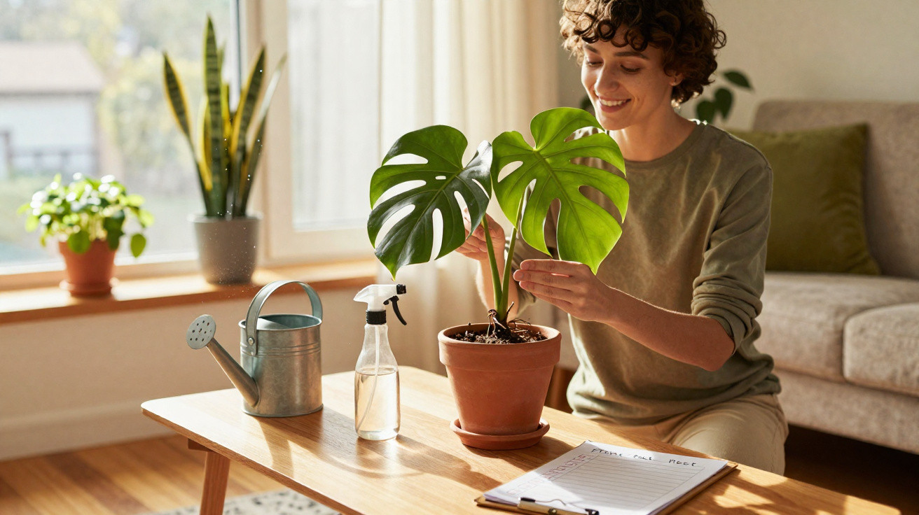 Mulher cuidando de planta com regador e borrifador em sala iluminada por luz natural.