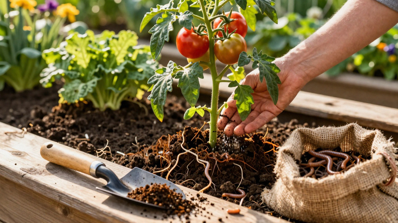 Mão adubando planta de tomateiro com terra em canteiro de madeira, com minhocas e pá de jardinagem.
