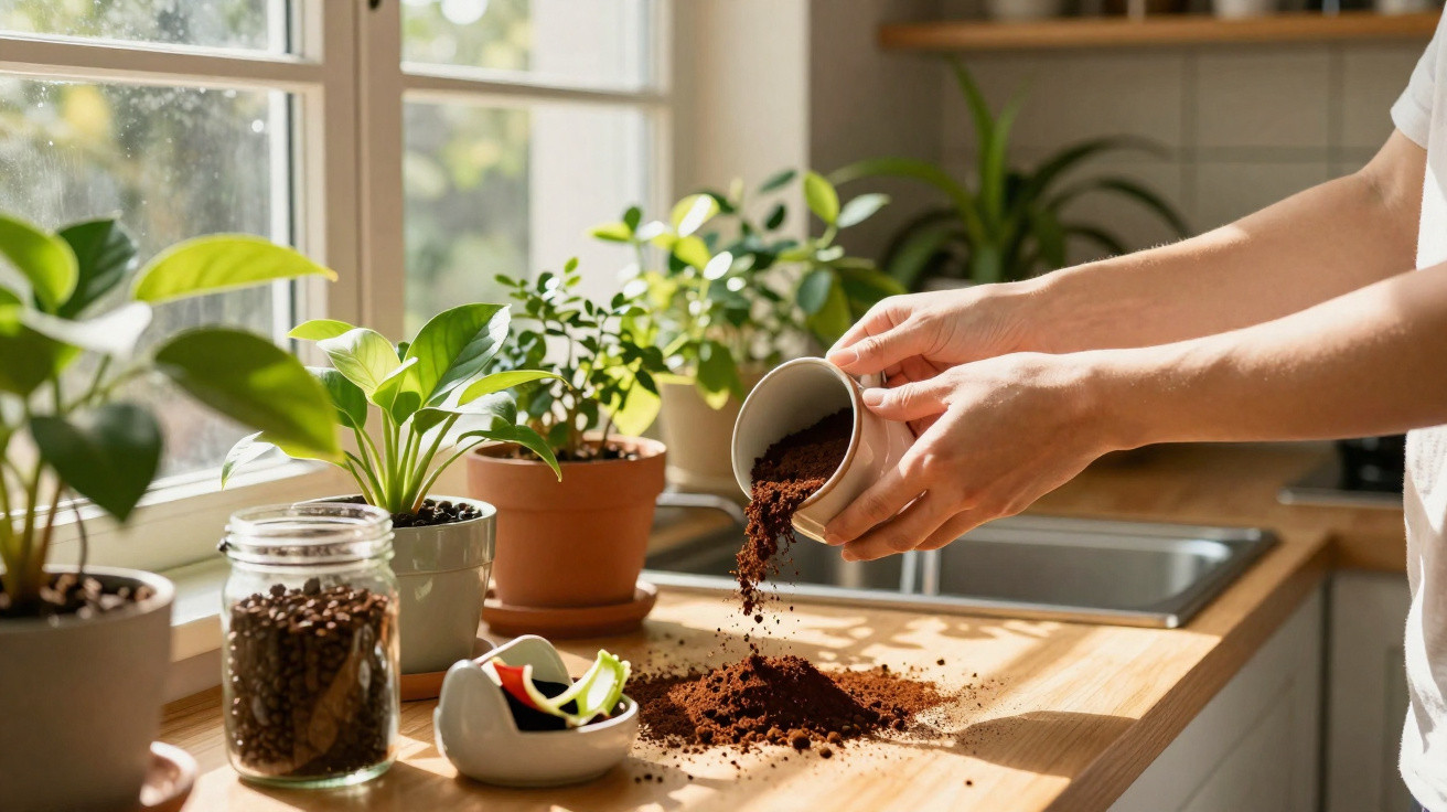 Pessoa despejando borra de café em bancada de madeira com plantas perto de janela em cozinha iluminada.