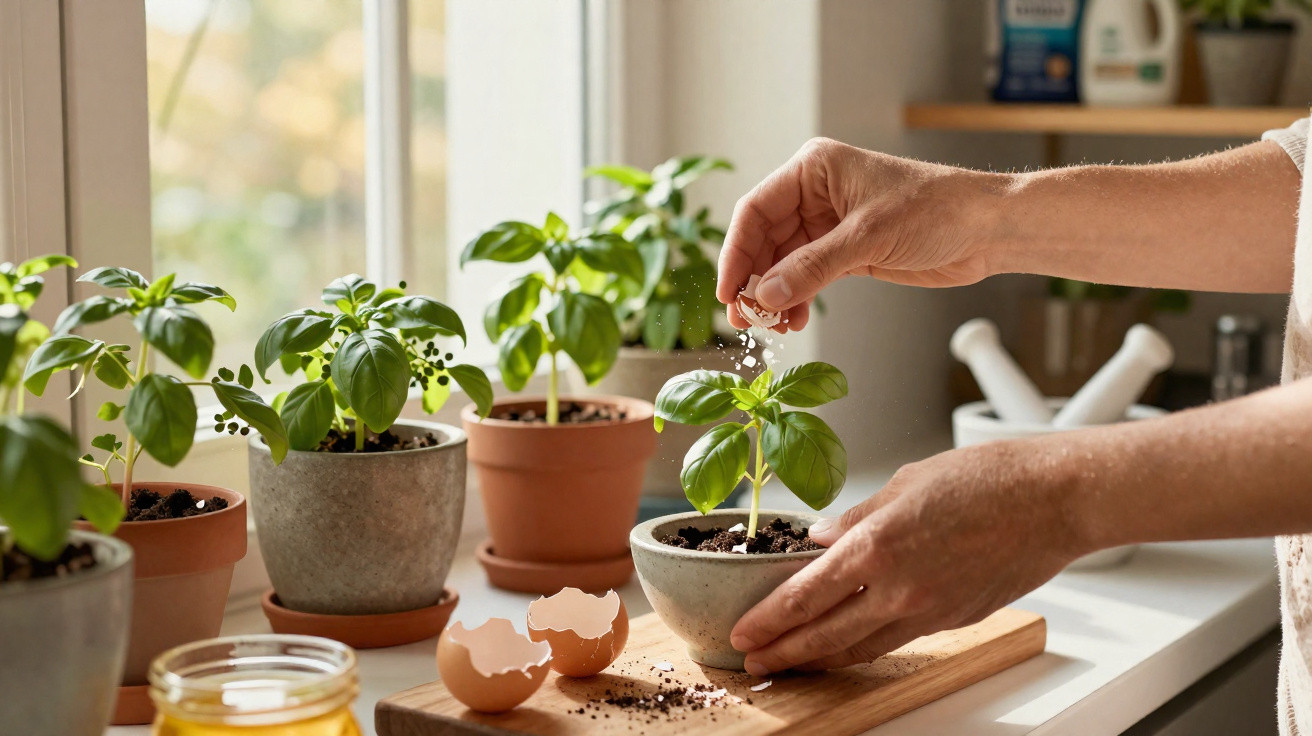 Pessoa regando planta em vaso com cristais, com outros vasos e cascas de ovos na bancada próxima à janela.