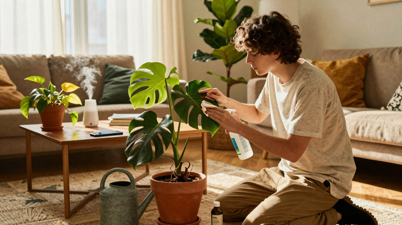 Jovem cuidando de planta com borrifador em sala iluminada e decorada com móveis e outras plantas.