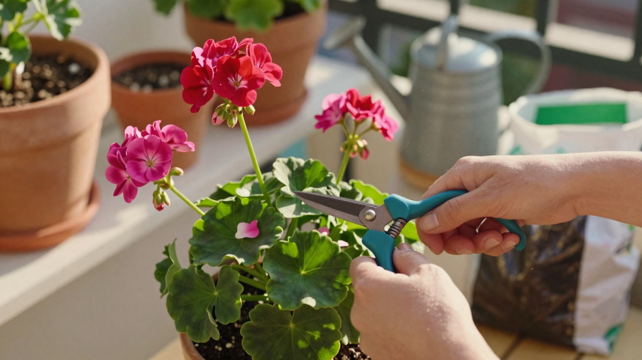 Mãos podando flores vermelhas de gerânio em vaso com tesoura de jardinagem em ambiente iluminado.