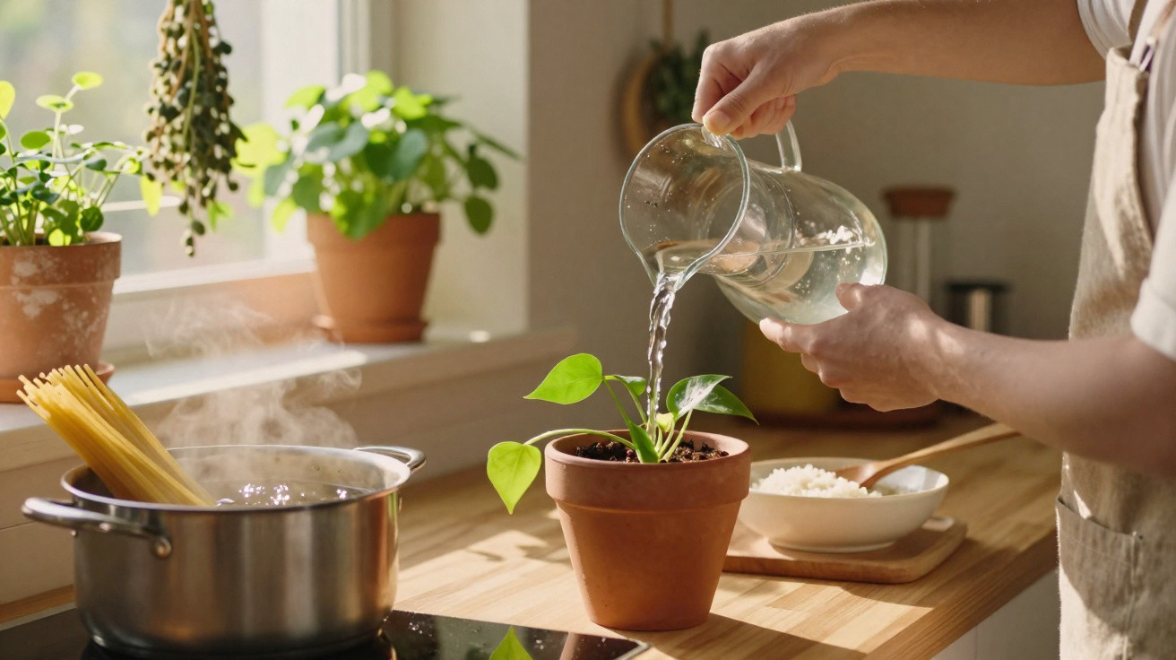 Pessoa regando planta em vaso de barro na cozinha iluminada com panela no fogão e alimentos na bancada.