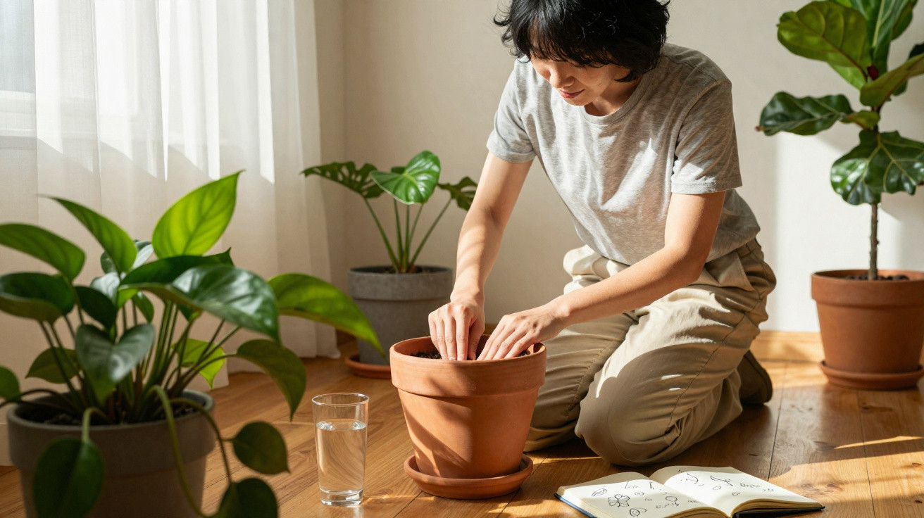 Pessoa plantando em vaso de barro no chão de madeira, cercada por plantas e livro aberto ao lado.