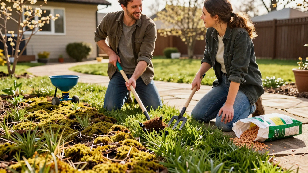 Casal jovem sorridente cuidando do jardim em dia ensolarado com ferramentas de jardinagem.