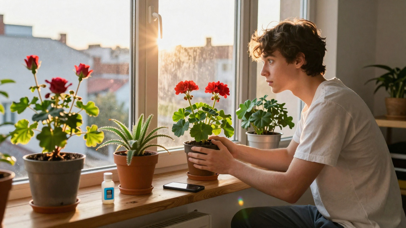 Jovem cuidando de plantas com flores vermelhas em vaso próximo à janela iluminada pelo sol.