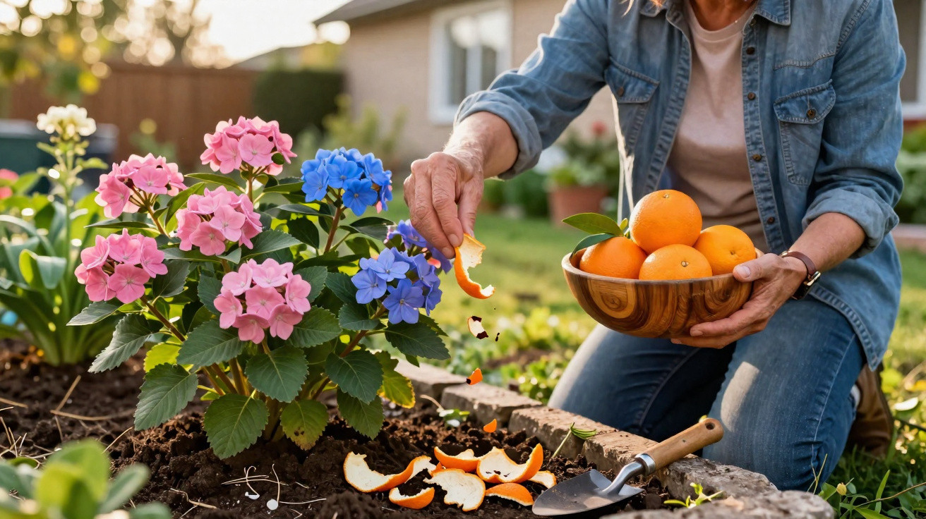 Pessoa regando flores com cascas de laranja em jardim ensolarado, segurando tigela com laranjas.