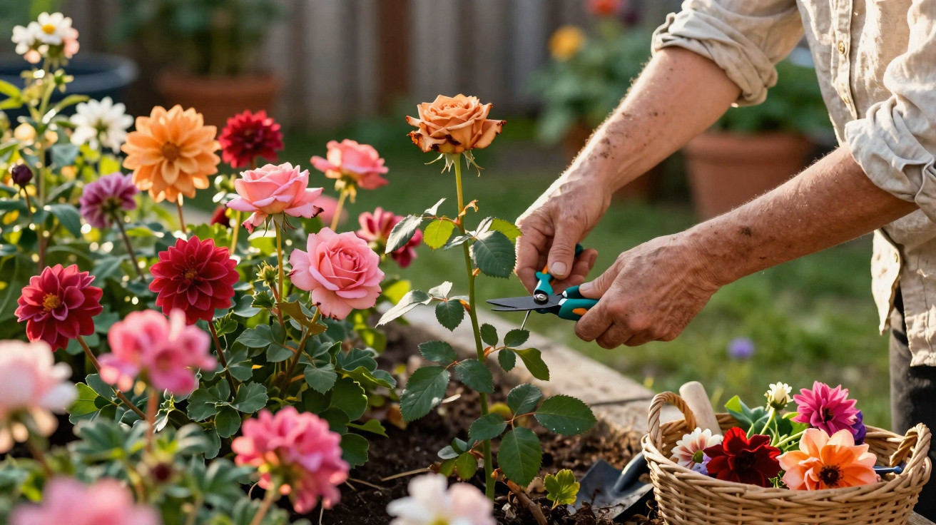 Pessoa podando rosas em um jardim colorido com flores em vaso e cesta de flores ao lado.