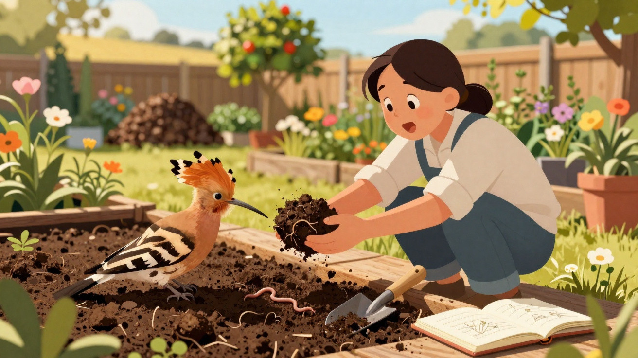 Mulher cuidando do jardim com pá e pássaro próximo olhando terra e minhocas.