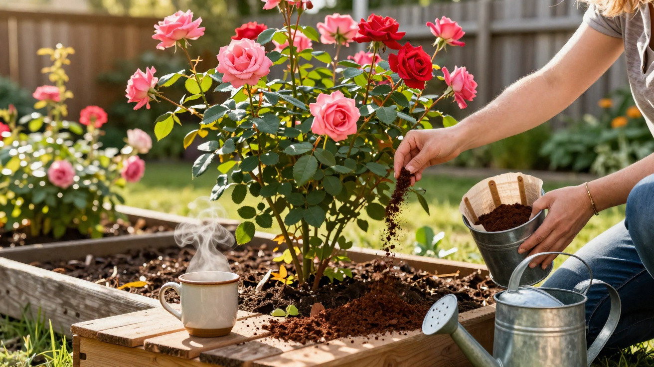 Pessoa regando e adubando um canteiro com rosas vermelhas e rosas em jardim ensolarado.
